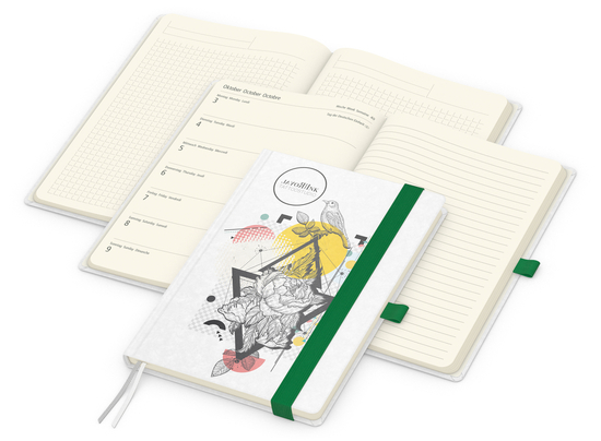 Wochenkalender links + Notizen rechts Match-Hybrid Papier-Hardcover A5, Einband-Material Naturpapier weiß