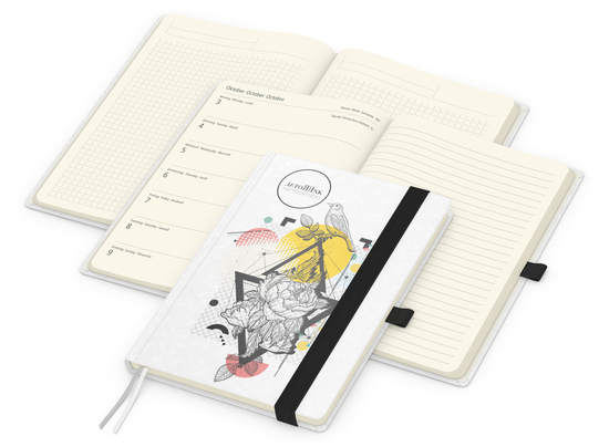 Wochenkalender links + Notizen rechts Match-Hybrid Papier-Hardcover A5, Einband-Material Naturpapier weiß