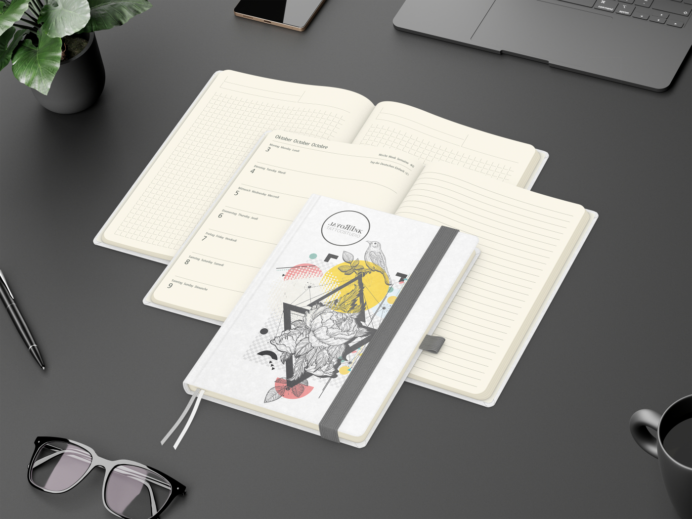Wochenkalender links + Notizen rechts Match-Hybrid Papier-Hardcover A5, Einband-Material Naturpapier weiß