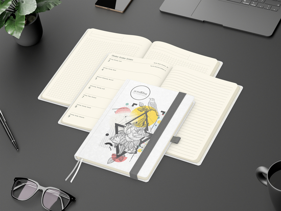 Wochenkalender links + Notizen rechts Match-Hybrid Papier-Hardcover A5, Einband-Material Naturpapier weiß
