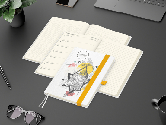 Wochenkalender links + Notizen rechts Match-Hybrid Papier-Hardcover A5, Einband-Material Naturpapier weiß