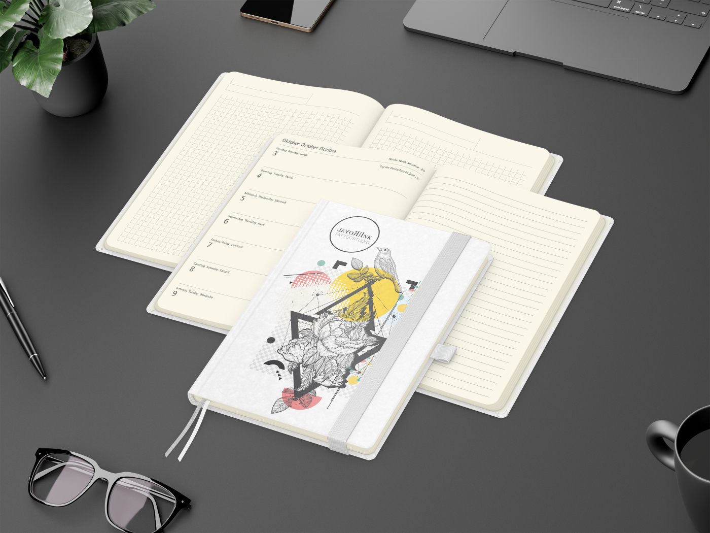 Wochenkalender links + Notizen rechts Match-Hybrid Papier-Hardcover A5, Einband-Material Naturpapier weiß