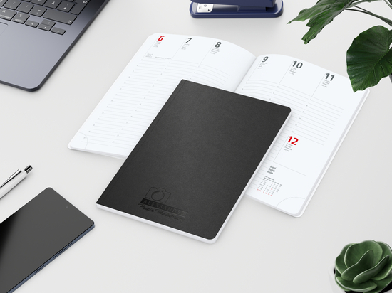 Wochenkalender Prestige-Flexx A5 Naturkarton-Softcover schwarz, Prägung schwarz-glänzend inkl.