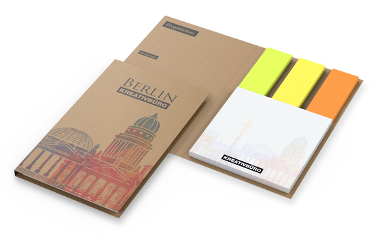 Haftnotiz-Set Berlin Zettel quadratisch Karton-Umschlag mit Buchöffnung, Haftmarker-Material durchgefärbtes Papier, Umschlag-Material Naturkarton braun