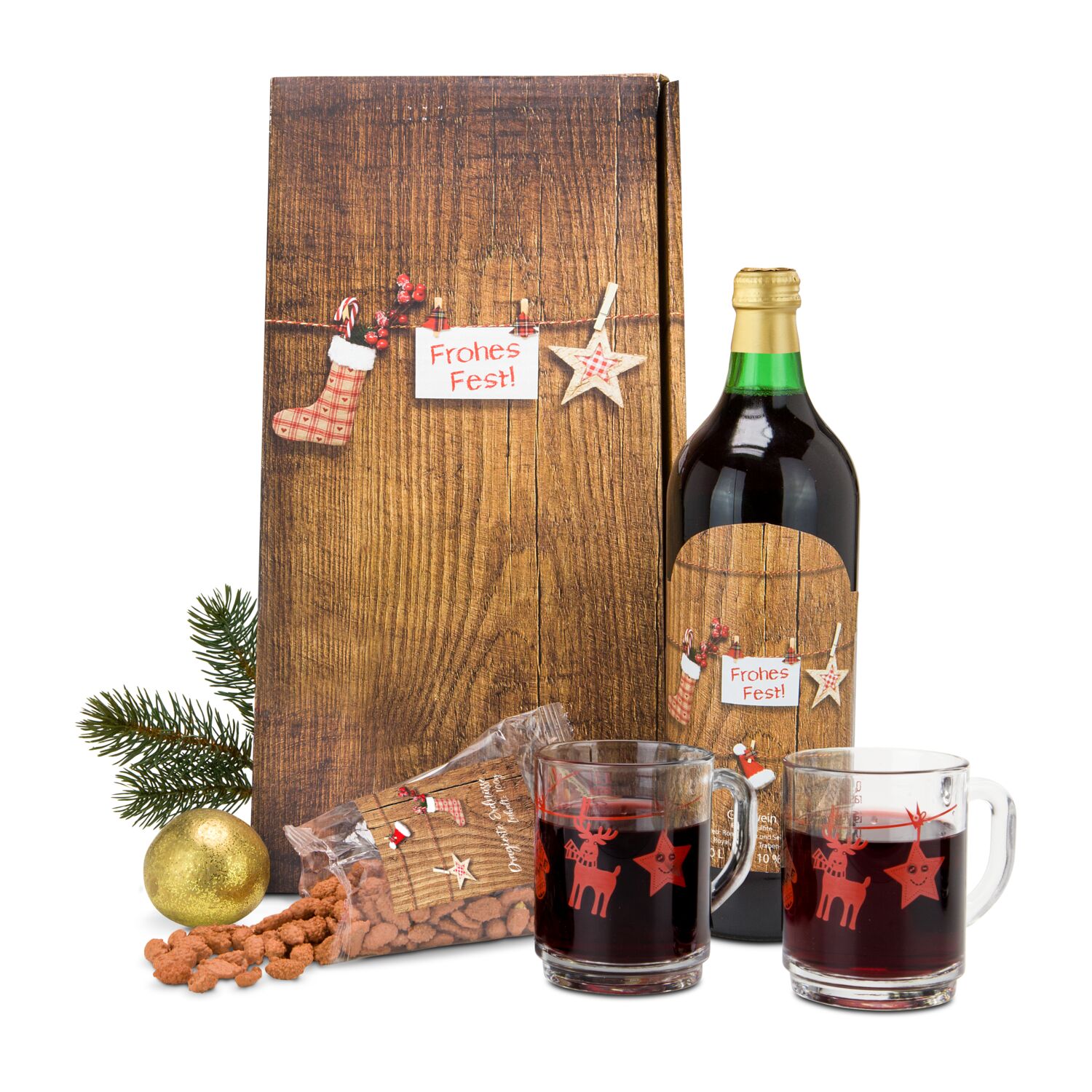 Der kleine Weihnachtsmarkt für zu Hause: 1 Liter Glühwein, 2 Glühweintassen (200 ml) mit winterlichem Dekor & 100 g dragierte Erdnüsse.