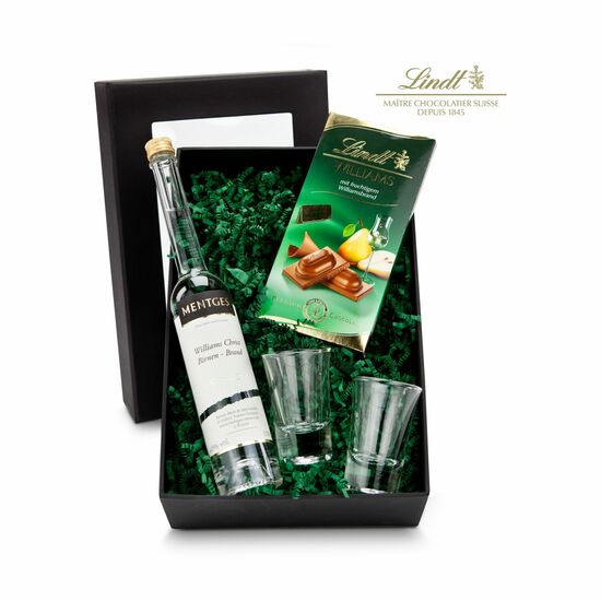 Für Williams Liebhaber: 0,1 l Williams-Christ-Birnenbrand von MENTGES, 2 Schnapsgläser und eine Tafel Williams-Christ Schokolade von Lindt.