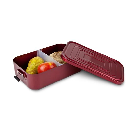 Mahlzeit für unterwegs - Hochwertige rote Aluminium Lunchbox, 4 Landjäger (125 g), 2 kleine Vollkornbrote & 250 ml Apfelschorle