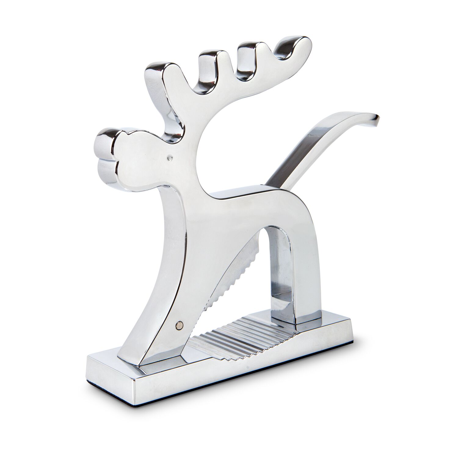 Sie können gleich loslegen: Der hochwertige, massive Rentier-Nussknacker mit Federung liegt in 600 g Walnüssen im schwarzen Geschenkkarton.