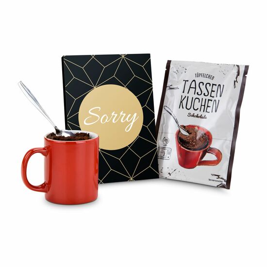 Eine Backmischung (70 g) für einen Schokoladenkuchen in der Tasse in Verpackung „Sorry“.