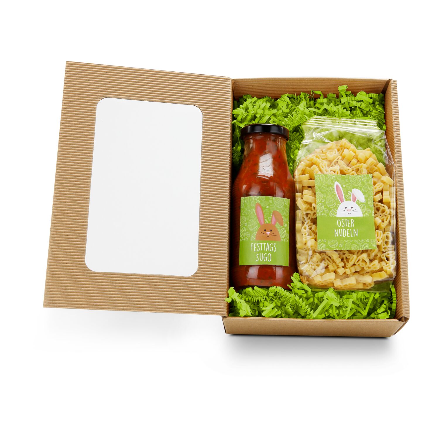 Osternudeln (250 g) in Osterhasenform & ein Glas Sugo (230 ml) verpackt im naturfarbenen Geschenkkarton