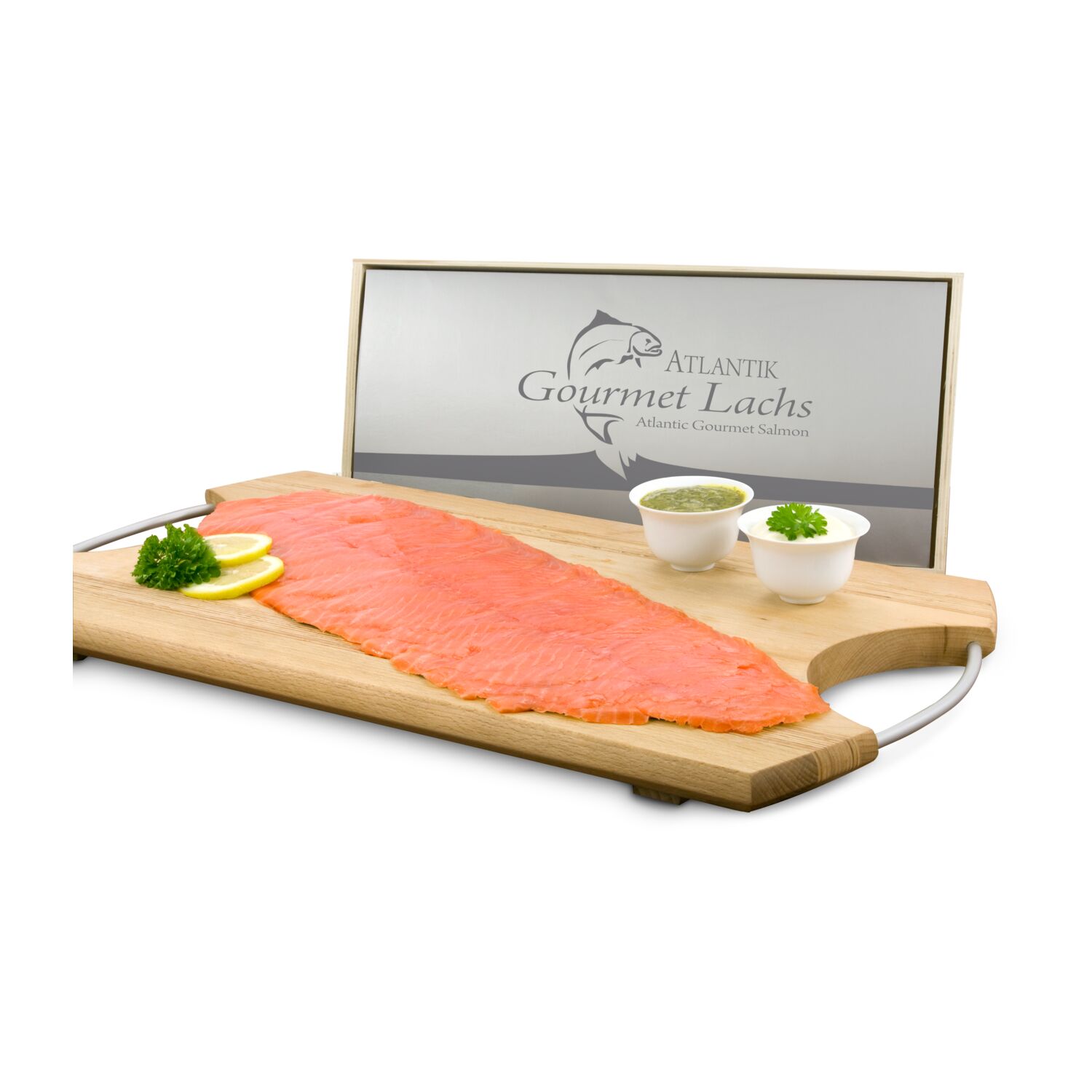 Gutschein für 500 g rauchzarten Atlantik Gourmet Lachs, filetiert & fertig vorgeschnitten. Mit feinem Sahne-Meerrettich und Senf-Dill Sauce.