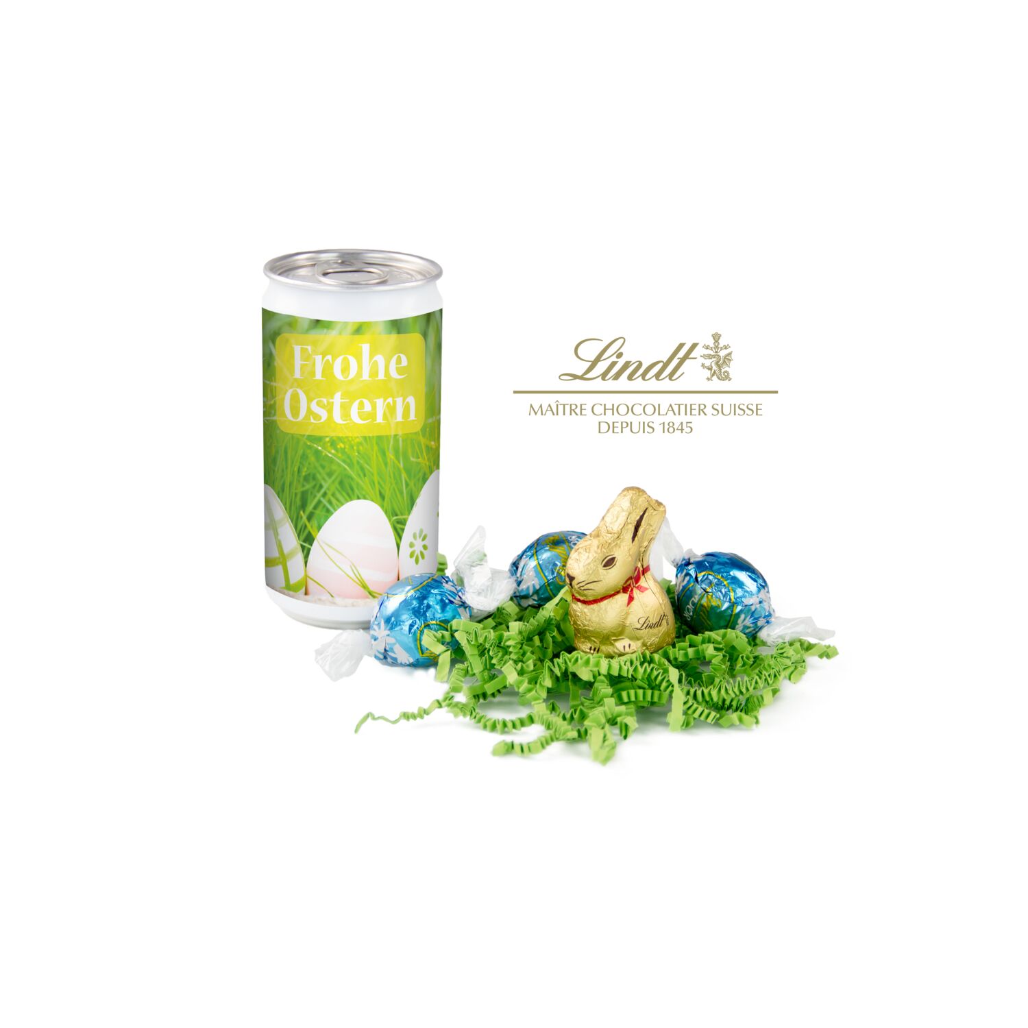 Spiel, Spaß und (Vor-)Freude garantiert. Originelle Dose mit Lindt-Goldhase & 3 Lindorkugeln auf grünem Sizzle. Wählen Sie aus 5 Motiven.