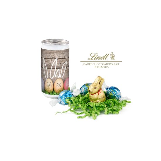 Spiel, Spaß und (Vor-)Freude garantiert. Originelle Dose mit Lindt-Goldhase & 3 Lindorkugeln auf grünem Sizzle. Wählen Sie aus 5 Motiven.