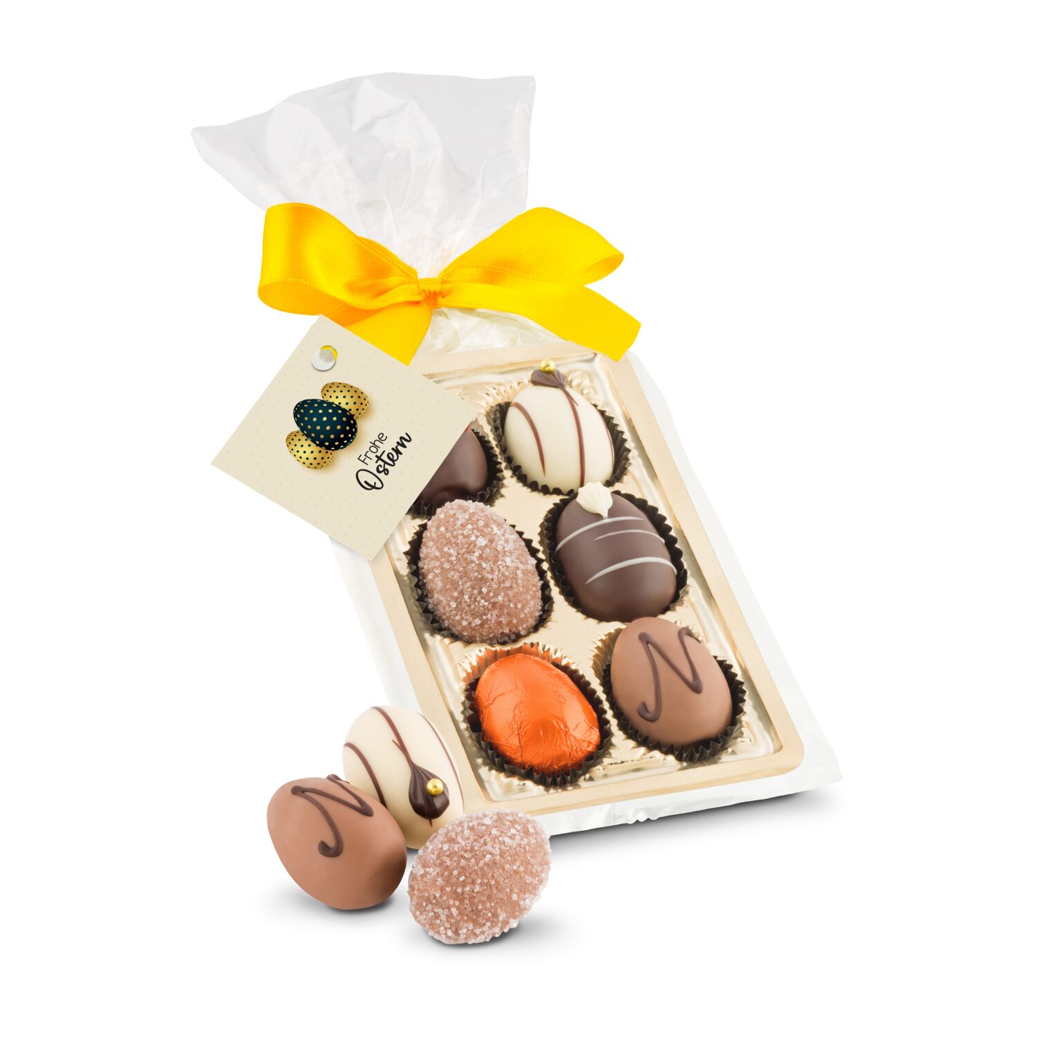 6 feine Schokoladen-Pralineneier (ca. 125 g) in Confiserie-Qualität präsentieren sich in goldener Schale mit gelber Schleife.