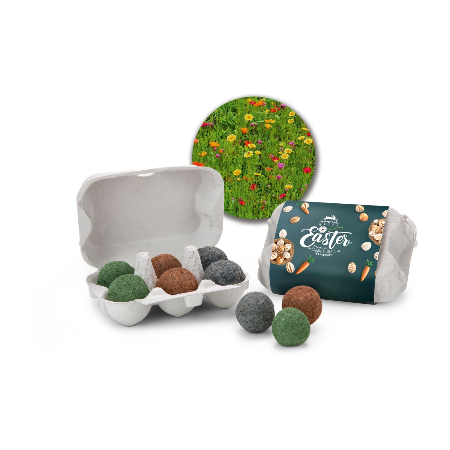 Osternest ohne Kalorien: Mini-Eierschachtel mit Happy-Easter Banderole und 6 farbigen Samenbomben für eine Bienenwiese