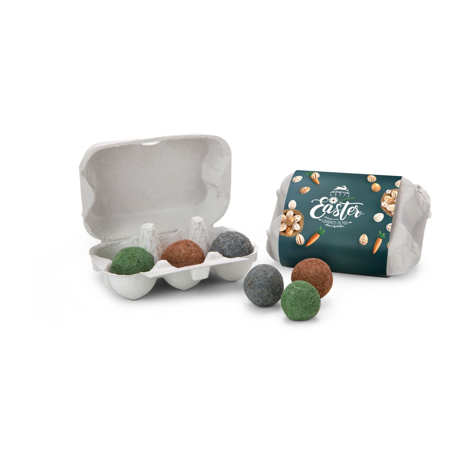 Osternest ohne Kalorien: Mini-Eierschachtel mit Happy-Easter Banderole und 6 farbigen Samenbomben für eine Bienenwiese