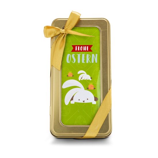 8 alkoholfreie Pralinen (100 g) verpackt in einer goldenen Dose mit Schleife und „Frohe Ostern“ Einleger