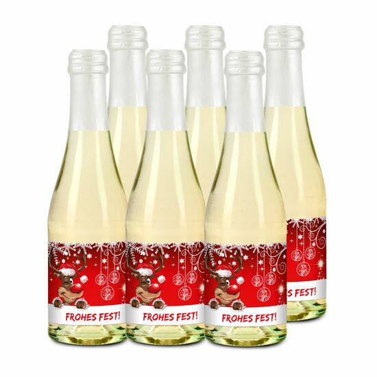 Prickelndes Weihnachtsfest: 6 Secco Piccolo Glasflaschen (0,2 l) mit der Botschaft „Frohes Fest”. Ideal für Kunden, Kollegen oder Freunde.