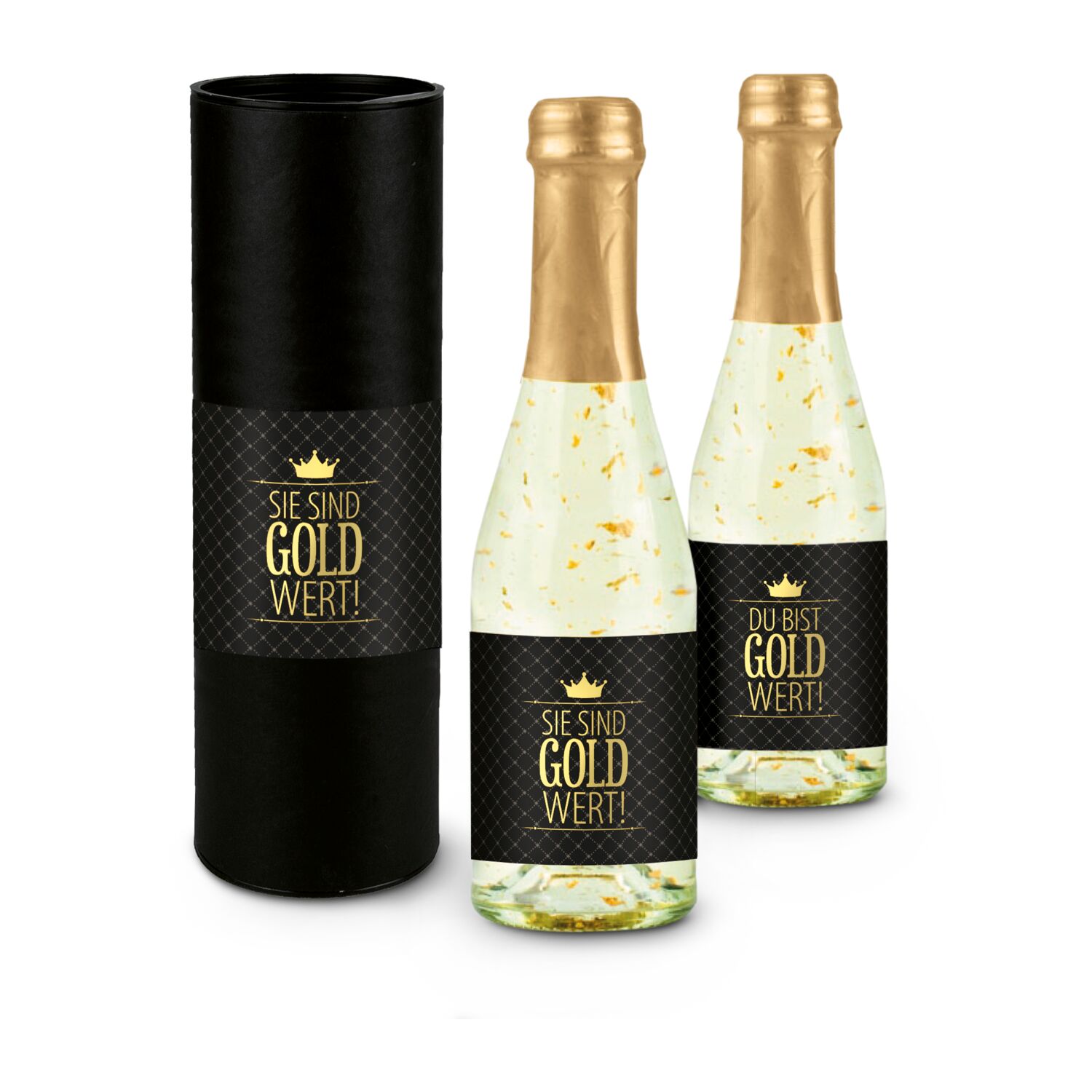 100% Wertschätzung für Mitarbeiter oder Geschäftspartner. Spritziger Golden Flakes Secco Piccolo (0,2 l) mit Blattgold. In Geschenkhülse.