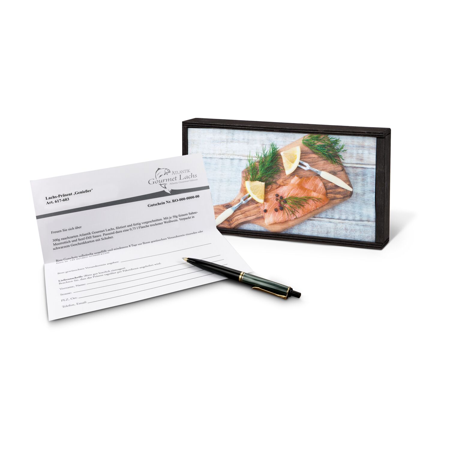 Geschenkartikel / Präsentartikel: Lachs-Gutschein in Holzbox: Genießer 2K1717
