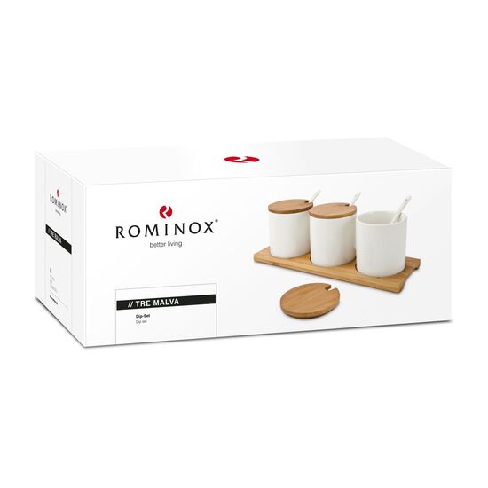 Das ROMINOX® Dip-Set Tre Malva mit 3 Keramikschalen, Löffel, Deckel und Servierbrett und passend dazu 3 Dip-Gewürzmischungen im Glas.