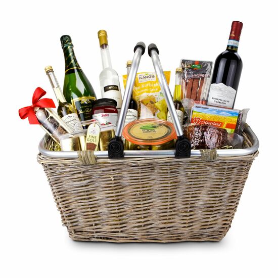 XXL Premium Einkaufskorb gefüllt mit 14 leckeren Produkten inkl. Champagner, Wein und Schnaps sowie herzhaften Snacks und süßen Leckereien