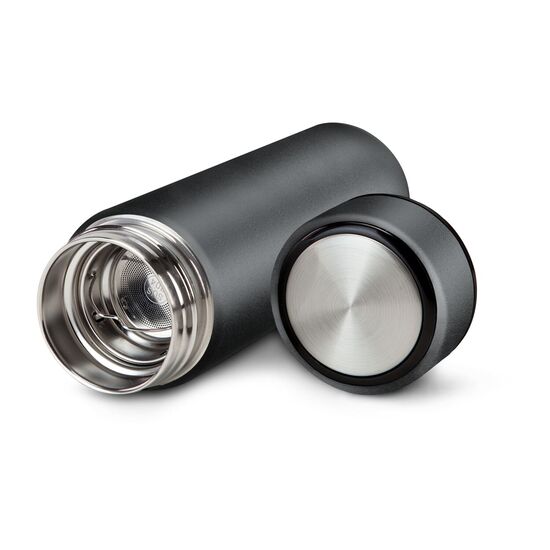 Die ROMINOX® Isolierflasche Calida (ca. 350 ml) kombiniert mit 6 bunten, wiederverwendbaren Eiswürfeln und einem Rezeptfaltblatt.