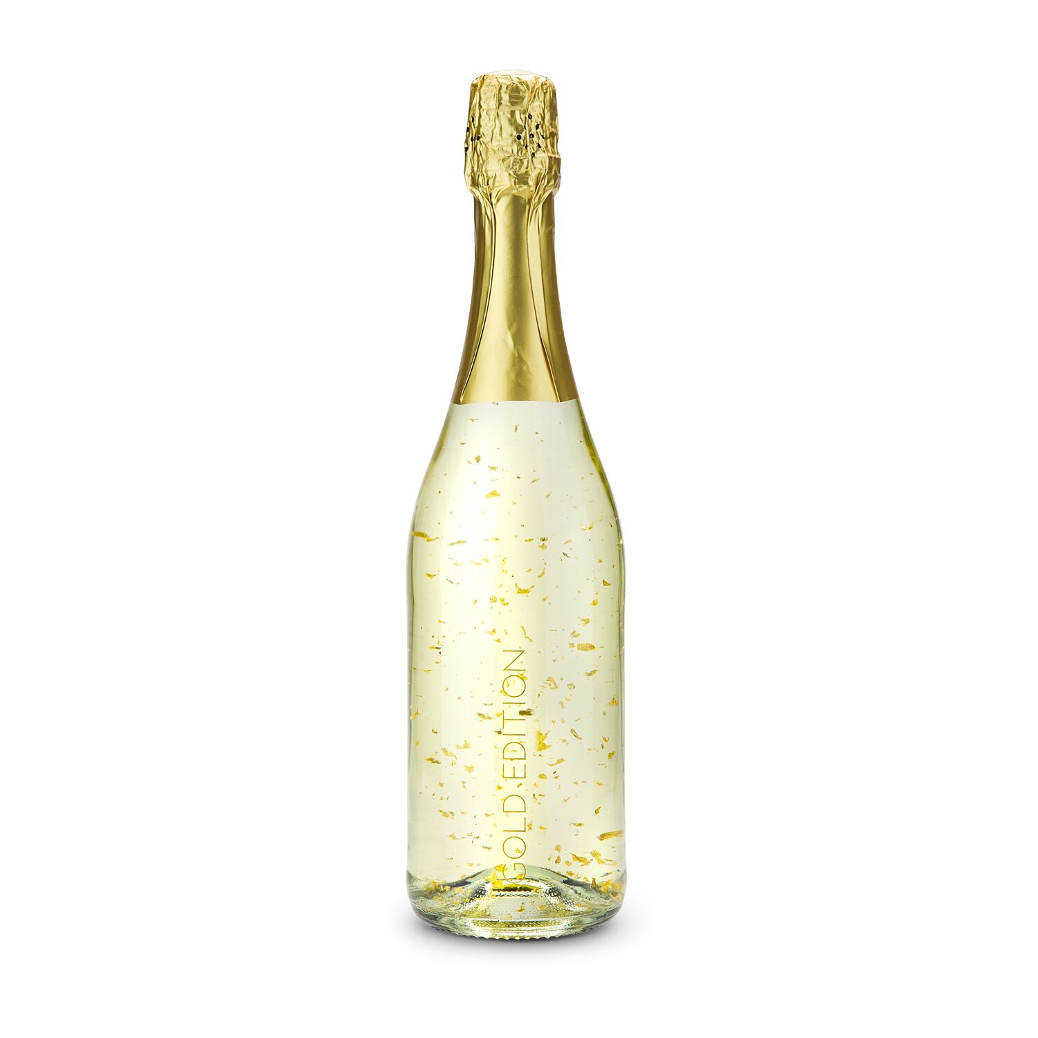 Klare Flasche mit Goldflockentraum (0,75 l) mit Druck „Gold Edition“, gebettet auf schwarzem Sizzle im goldenen Karton.