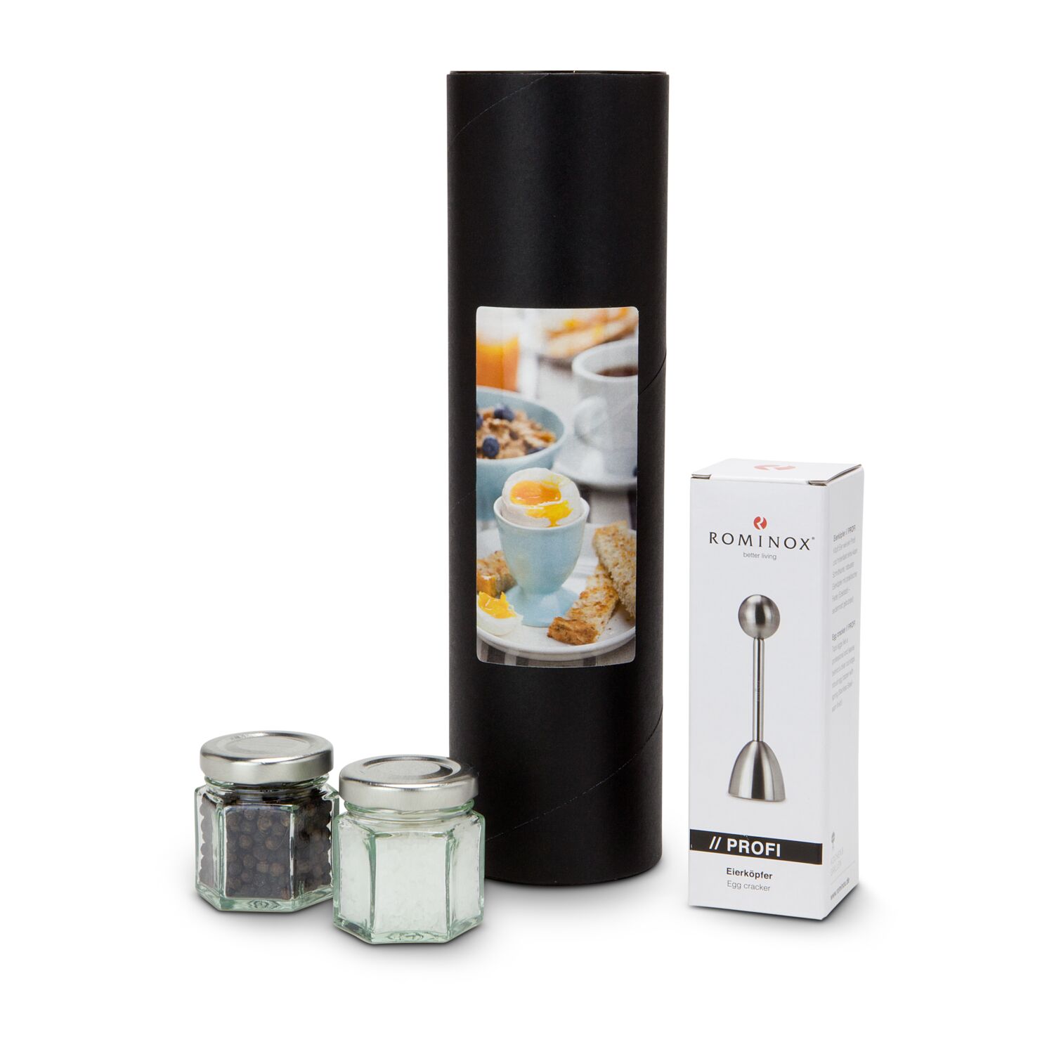 Hübsche Geschenkröhre mit 1 Glas Salz (ca. 40 g), 1 Glas Pfeffer (ca. 20 g) und 1 ROMINOX® Edelstahl Eierköpfer mit Feder