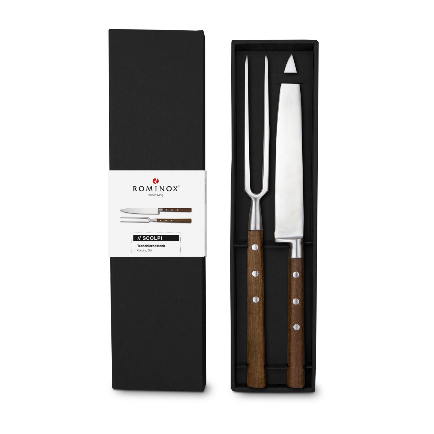 ROMINOX® Tranchierbesteck Scolpi, eine Flasche Nero d'Avola (0,75 l) und eine schwarze Küchenschürze verpackt im schwarzen Geschenkkarton.