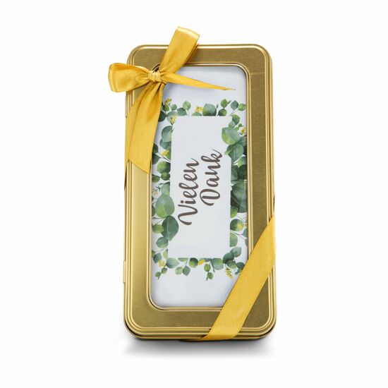 8 alkoholfreie Pralinen (100 g) verpackt in einer goldenen Dose mit Schleife und „Vielen Dank“ Einleger