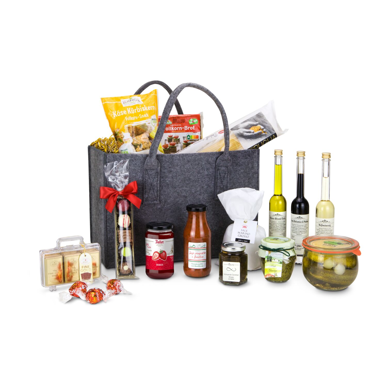 XL Premium Filztasche alkoholfrei & vegetarisch, 15 verschiedene, leckere Produkte, inkl. Essig & Öl, herzhaften Snacks und süßen Leckereien