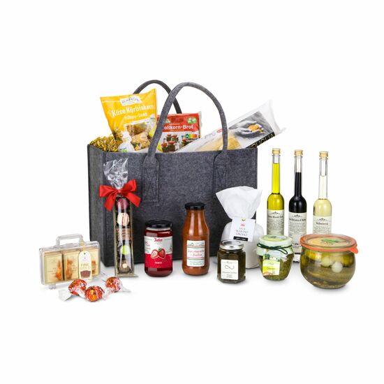 XL Premium Filztasche alkoholfrei & vegetarisch, 15 verschiedene, leckere Produkte, inkl. Essig & Öl, herzhaften Snacks und süßen Leckereien