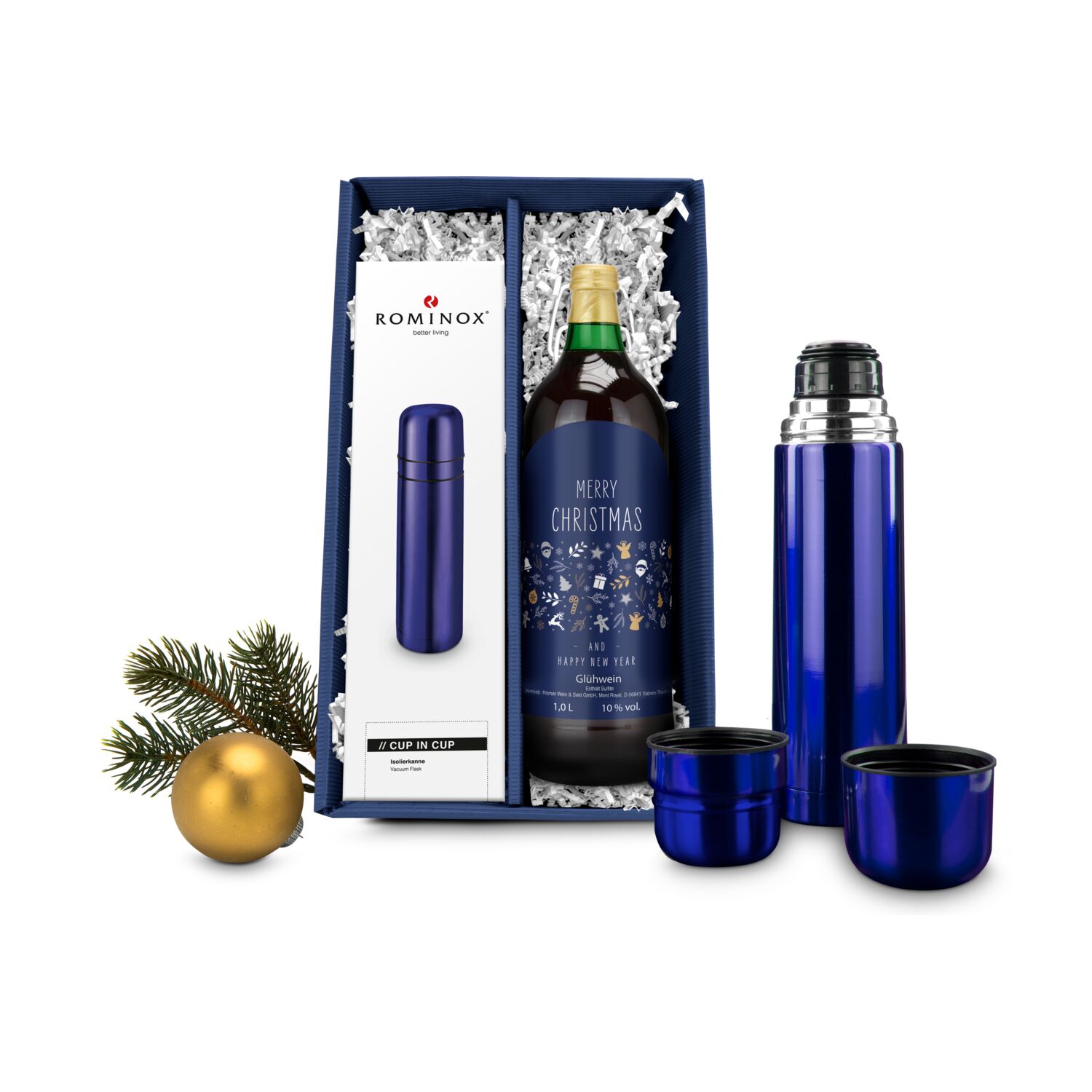 Blau in Blau: Eine blaue ROMINOX® Isolierkanne mit 2 Bechern (0,75 l) und 1 Flasche Glühwein (1 l) im blauen Geschenkkarton