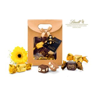 Je 4 Lindt-Nuxor-Pralinen (Feinherbe & Vollmilch Schokolade) verpackt in einer naturfarbenen Verpackung mit Schleife und Oser-Anhänger.