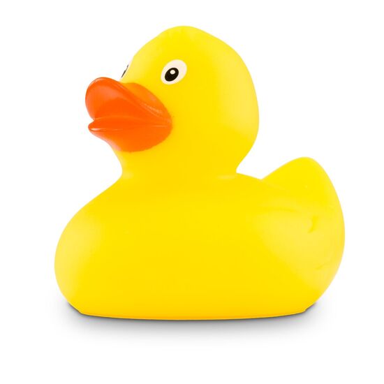 Eine Badeente, Badesalz, eine Tube Duschgel, ein Mesh-Schwamm und ein Handtuch verpackt in einem blauen Geschenkkarton mit Aufkleber.