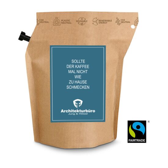 Wiederverwendbarer Werbe-Kaffee Beutel - kein Instant-Produkt! Fairtrade, ergibt ca. 300 ml. Mit individuellem Etikett ab 100 Stück