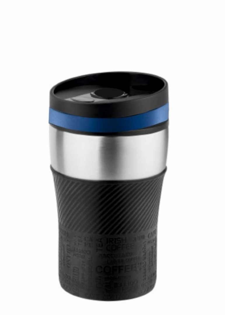 Metmaxx® Thermobecher "CremaOfficina"  silber/Manschette schwarz/Ring blau