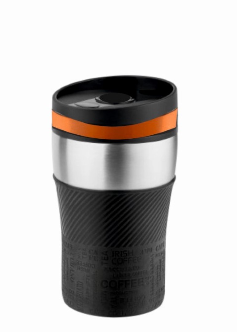 Metmaxx® Thermobecher "CremaOfficina"  silber/Manschette schwarz/Ring orange