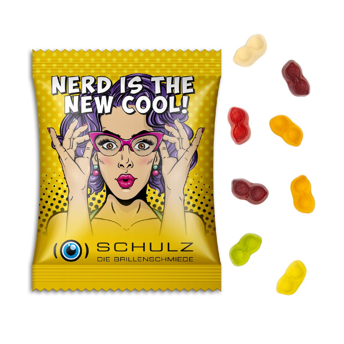 Fruchtgummi Standardformen, ca. 70 x 90 mm, 15 g, Standard-Folie weiß - Brille