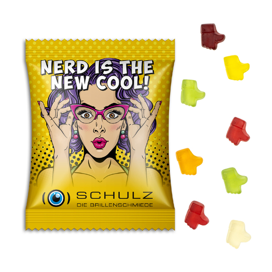 Fruchtgummi Standardformen, ca. 70 x 90 mm, 15 g, Standard-Folie weiß - Daumen hoch