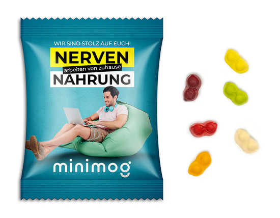 Fruchtgummi Standardformen, ca. 60 x 90 mm, 10 g, weiße kompostierbare Folie - Brille
