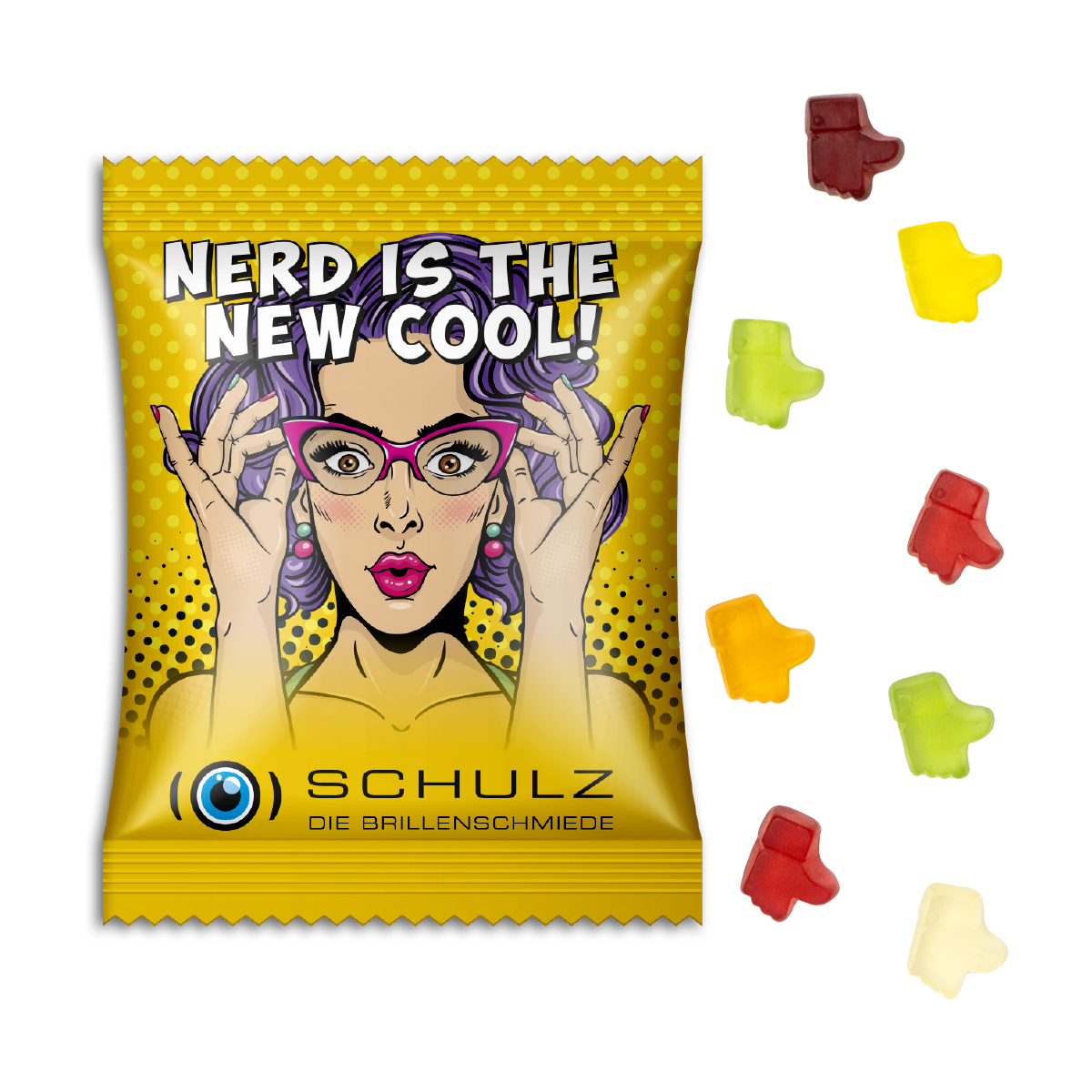 Fruchtgummi Standardformen, ca. 60 x 90 mm, 10 g, weiße kompostierbare Folie - Daumen hoch