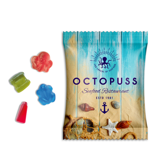 Fruchtgummi Sonderformen, ca. 70 x 90 mm, 15 g, Standard-Folie weiß - Fruchtgummi Sonderformen