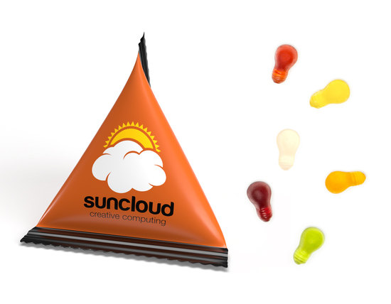 Mini Tetraeder Fruchtgummi, ca. 75 x 60 mm, 10 g, Standard-Folie transparent - Glühbirne