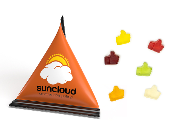 Mini Tetraeder Fruchtgummi, ca. 75 x 60 mm, 10 g, Standard-Folie weiß - Daumen hoch