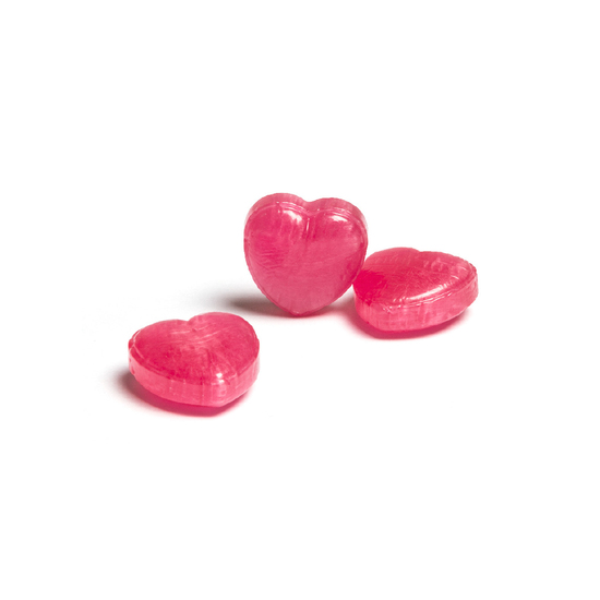 Herzbonbons im Flowpack, ca. 54 x 28 mm, 3 g, Standard-Folie weiß - Himbeerbonbon