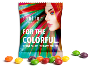 Skittles im Werbetütchen, ca. 90 x 60 mm, 10 g, Standard-Folie transparent -