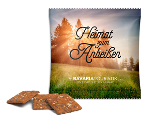 Vollkorn Snack im Werbetütchen, ca. 110 x 110 mm, 11 g, Standard-Folie weiß - Tomate-Kräuter