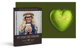 Werbekarte mit Lindt Schokoladen Herz 20 g, ca. 88 x 68 x 13 mm, 20 g, grünes Herz -